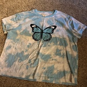 blue and white butterfly top